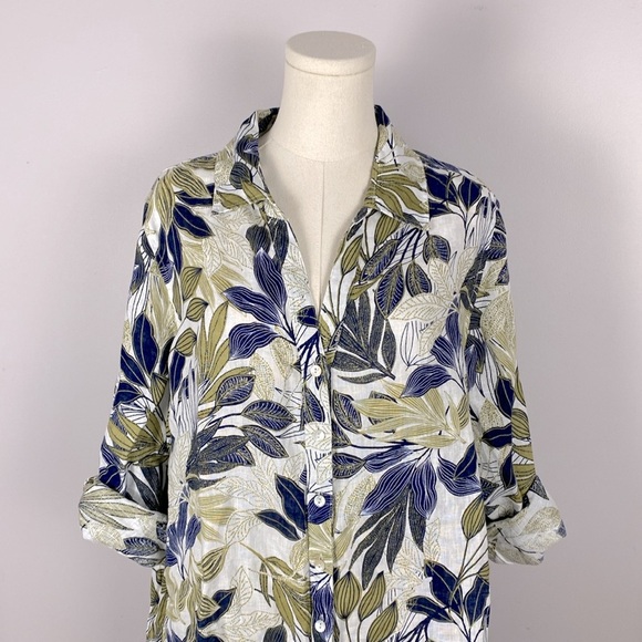 Tahari 100% linen leaf print button down top 1X vacation resort - Picture 2 of 13